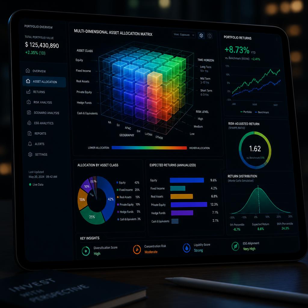 An advanced digital tablet displaying glowing multi-dimensional asset allocation matrices and visual returns indicators